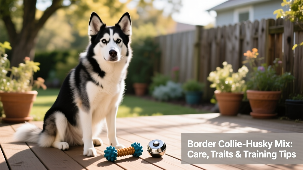 A well-groomed adult Border Collie-Husky mix sitting calmly beside a durable chew toy and training clicker
