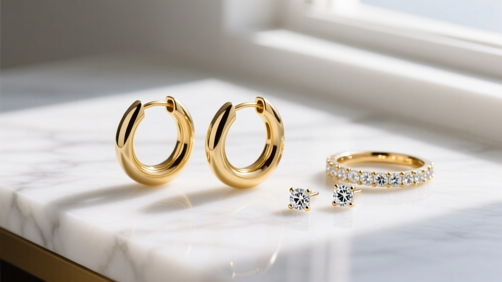 Gold-filled huggie hoops and small cubic zirconia studs arranged on white marble, illuminated by bright natural daylight.