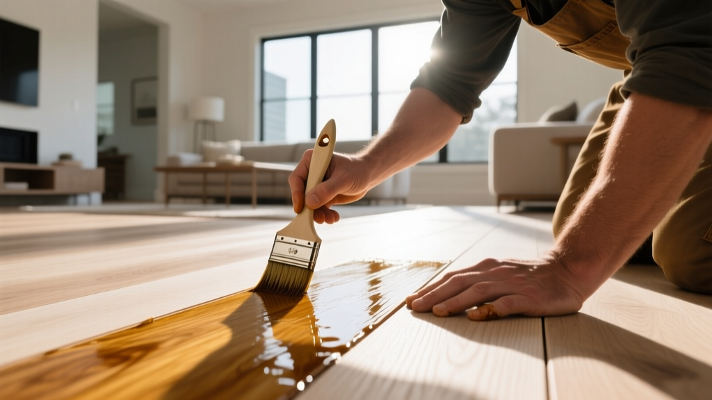 Close-up of a flooring professional applying a matte hardwax oil finish to a wide-plank white oak floor in a sunlit modern living room