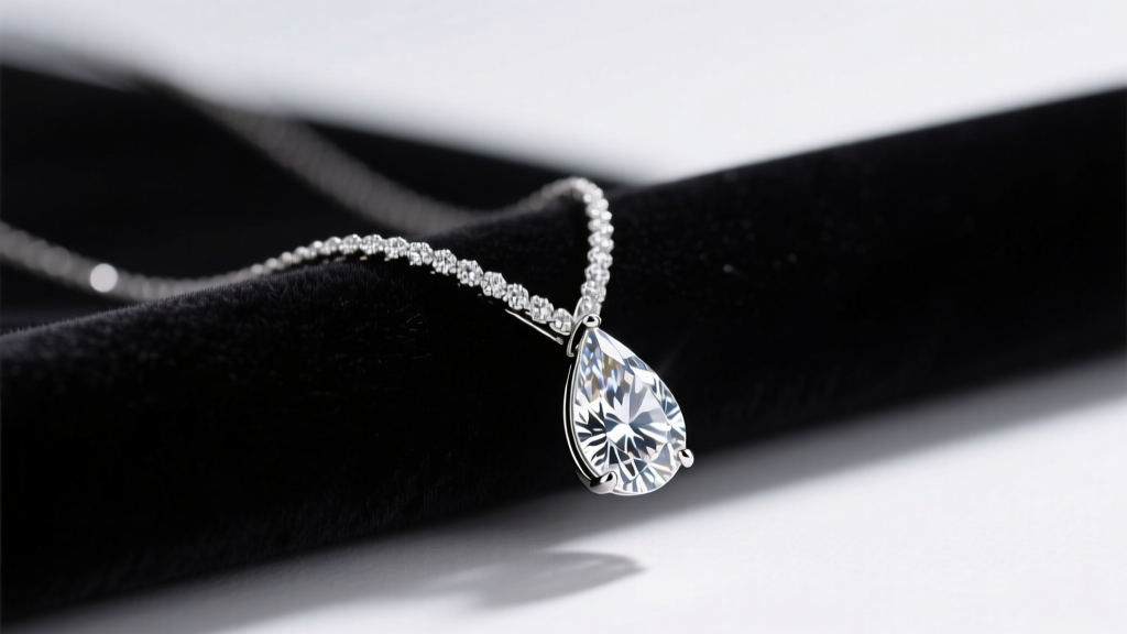 Pear shape diamond necklace on dark velvet, lit by soft studio lighting to highlight the faceted teardrop diamond tip and V-prong