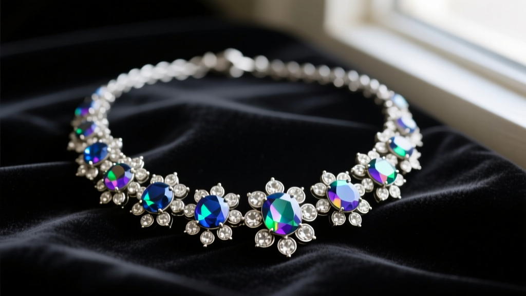 Close-up of a 1950s silver-tone vintage rhinestone necklace with aurora borealis stones and floral prong settings on dark velvet