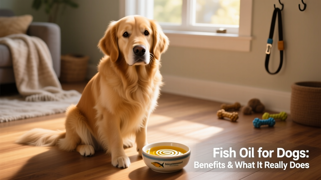 A golden retriever with a glossy, healthy coat sitting beside a small bowl of liquid fish oil supplement