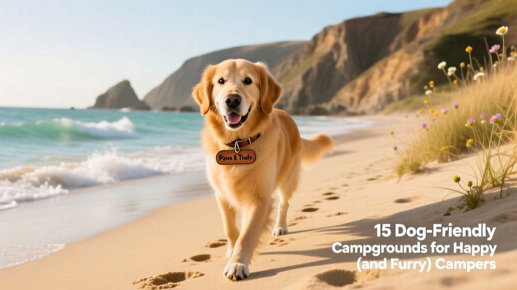 A dog walking along a sandy, sunlit beach with gentle waves and coastal cliffs in the background