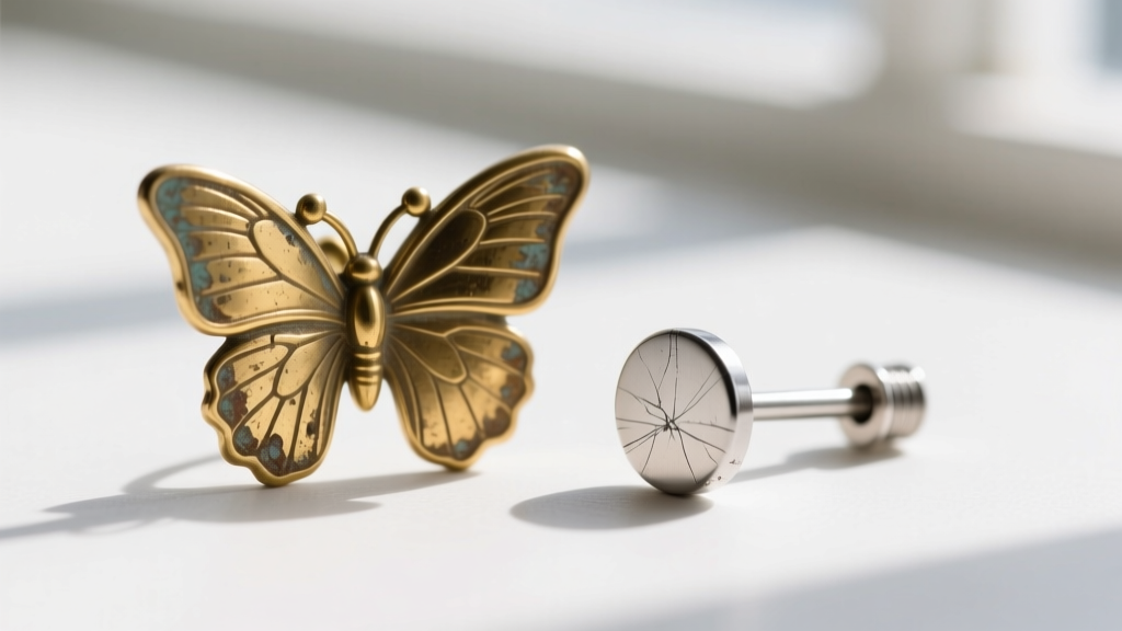 Macro shot showing worn inner grooves of a brass butterfly earring back beside a scratched 20-gauge stainless steel earring post.