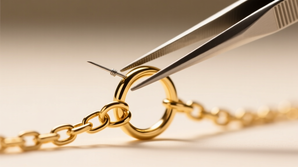 Close-up of tweezers holding a 16-gauge soldered 14k gold jump ring, attaching a small heart charm to a delicate gold chain link.