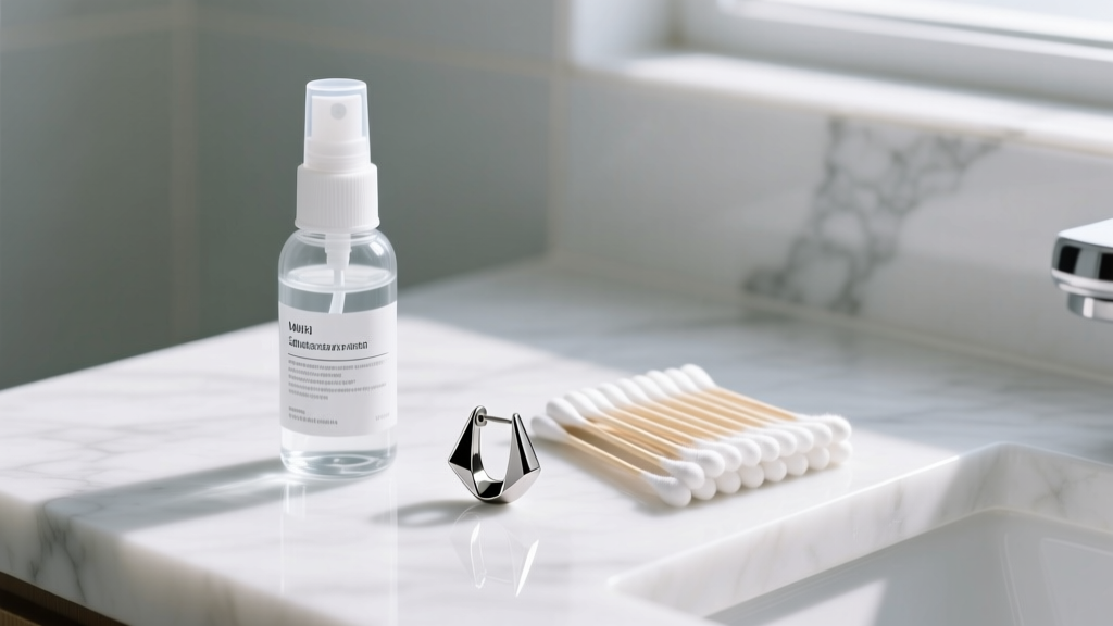 Sterile saline spray bottle and cotton swabs arranged next to a titanium earring on a bright white marble bathroom counter.