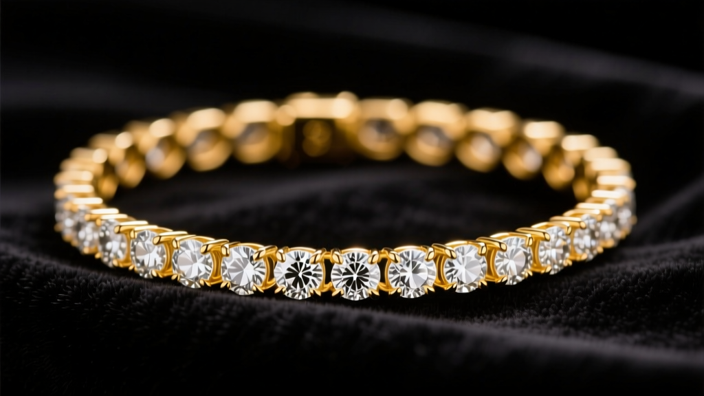 Close-up of an 18k yellow gold diamond tennis bracelet on dark velvet under warm lighting, highlighting the prong settings.