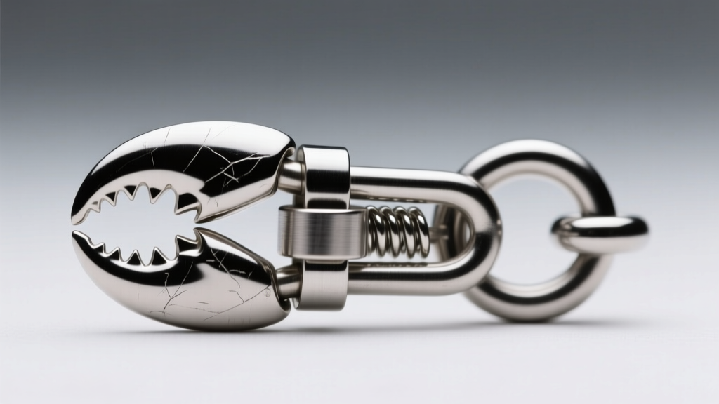 Macro shot of a 20-gauge titanium double piercing chain clasp, highlighting the secure lobster mechanism and polished finish