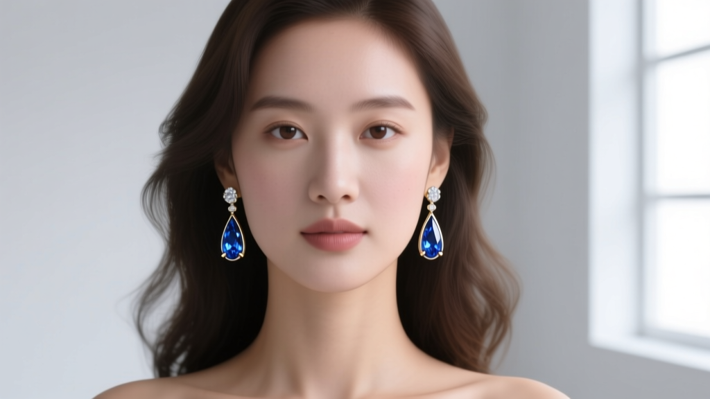 Portrait of a woman wearing 25mm white gold teardrop sapphire earrings, showing how the elongated drop shape flatters a round face