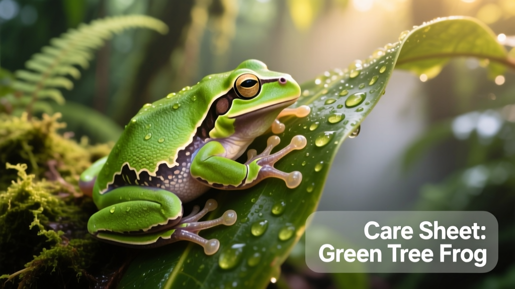 Close-up of a green tree frog clinging to a moist leaf, showing its adhesive toe pads and vivid green skin texture