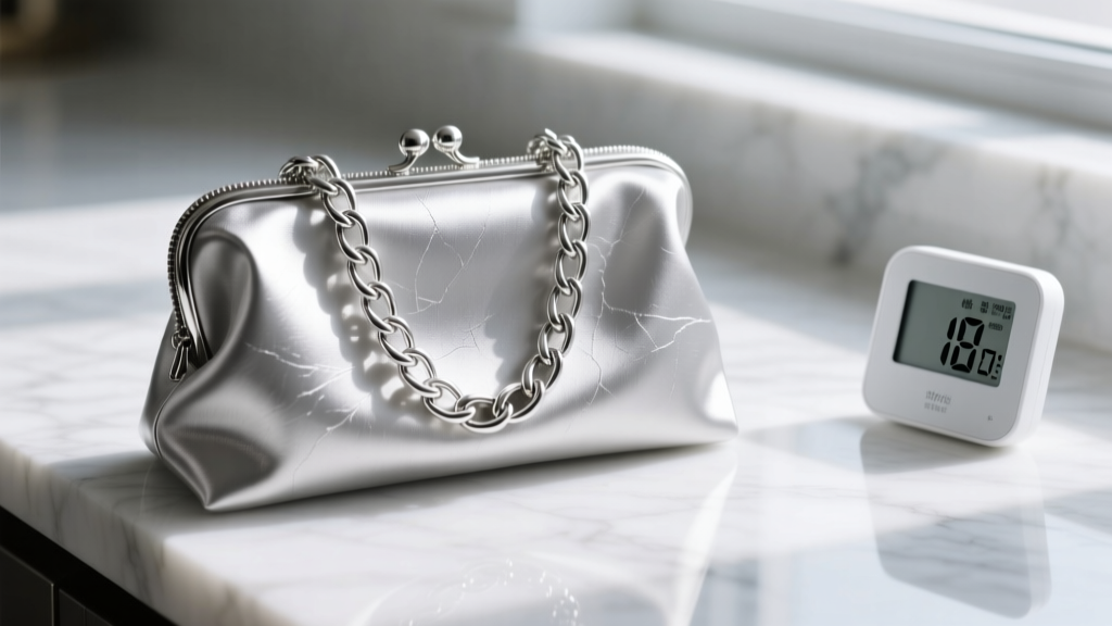 Close-up of a silvercloth pouch holding a polished silver chain on a white marble countertop next to a digital humidity monitor