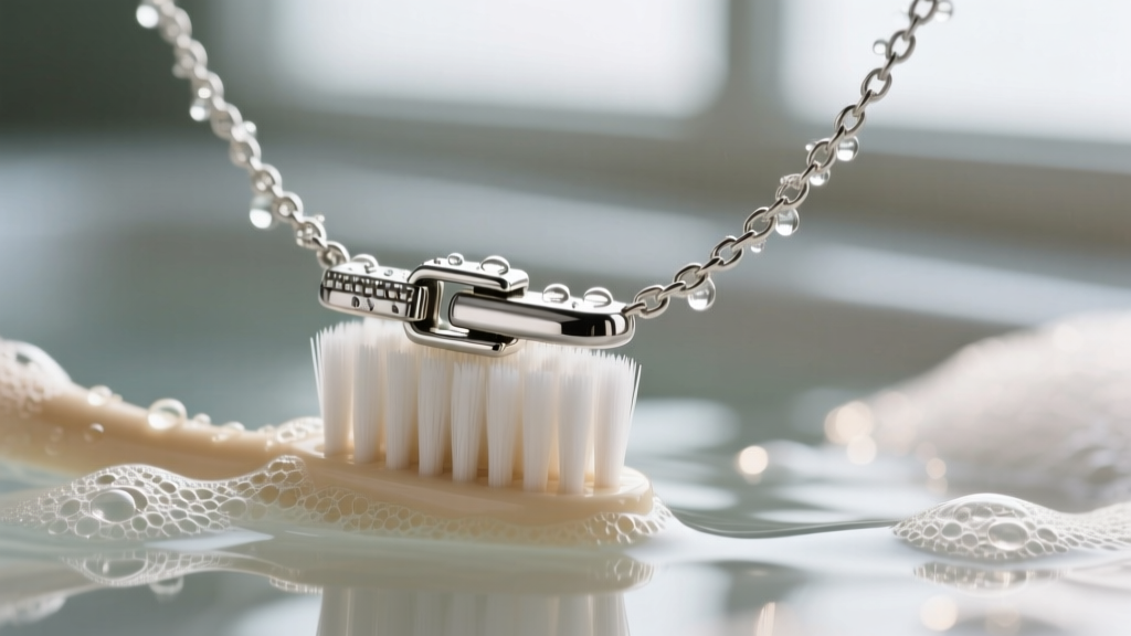 Macro shot of a soft toothbrush gently cleaning the sliding clasp of a sterling silver lariat necklace using mild soapy water.