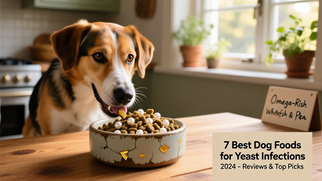 Dog happily eating from a ceramic bowl filled with FurPetVo Omega-Rich Whitefish & Pea kibble
