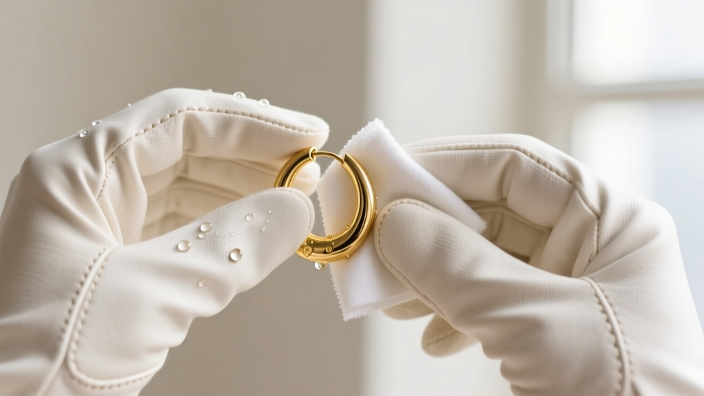 Gloved hands gently wiping a 14k solid gold huggie hoop earring with a lint-free microfiber cloth dampened with mild soapy water.