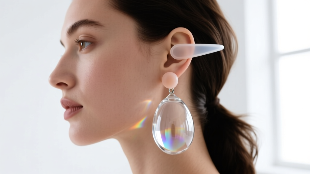 Side profile of a woman wearing a heavy glass wine glass earring supported by a clear silicone earlobe stabilizer to prevent droop