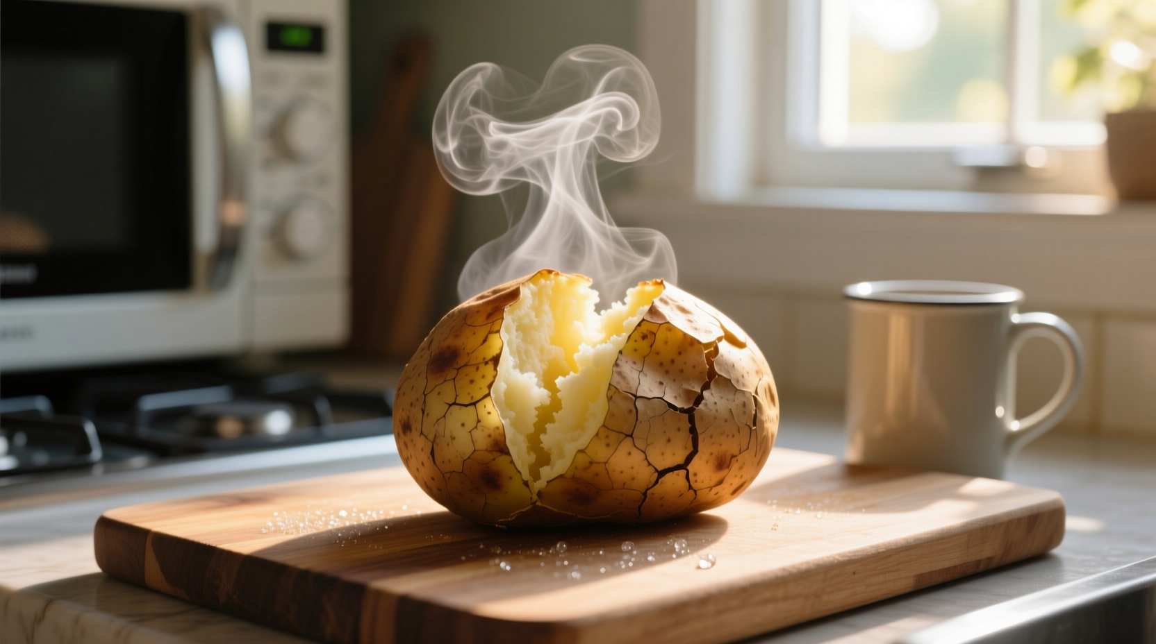 Steam rising from perfectly cooked microwave baked potato