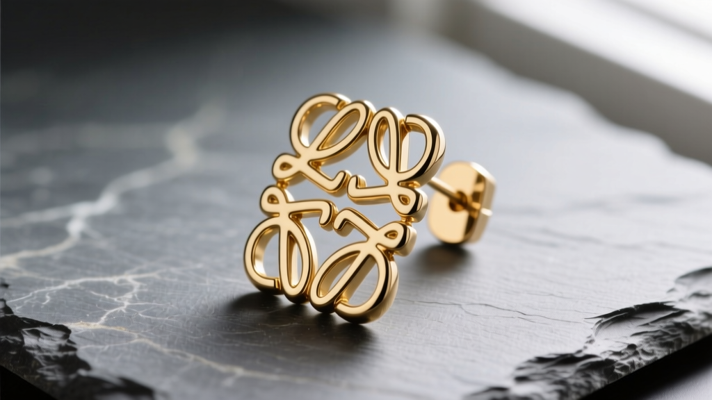 Close-up of gold-plated Loewe Anagram drop earring on slate, showing interlocking letter joints and polished brass finish.