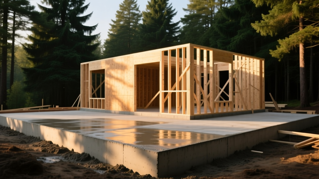New residential construction site showing a poured concrete foundation and framed wood walls surrounded by tall evergreen trees