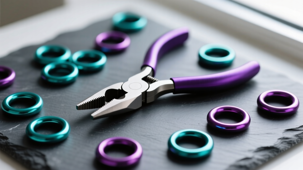 Overhead view of teal and purple anodized aluminum jump rings scattered next to smooth-jaw flat nose pliers resting on dark slate