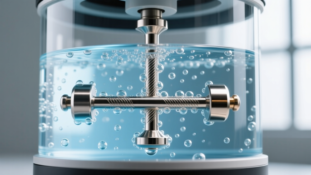 Ultrasonic cleaner filled with distilled water, vibrating a disassembled 14-gauge steel barbell with visible micro-bubbles