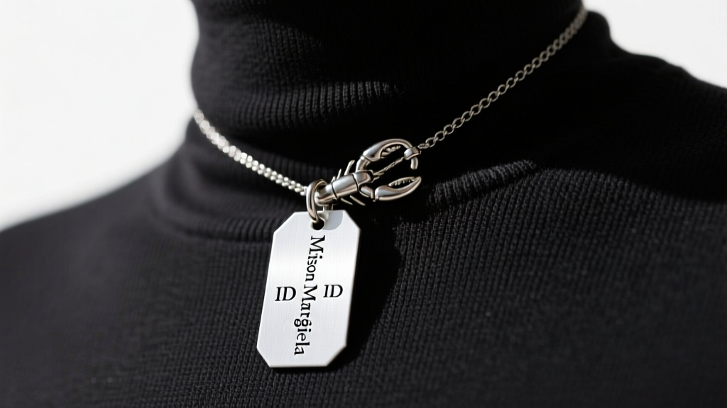 Close-up of a Margiela ID tag necklace worn over a dark turtleneck, highlighting the matte silver finish and lobster chain clasp.