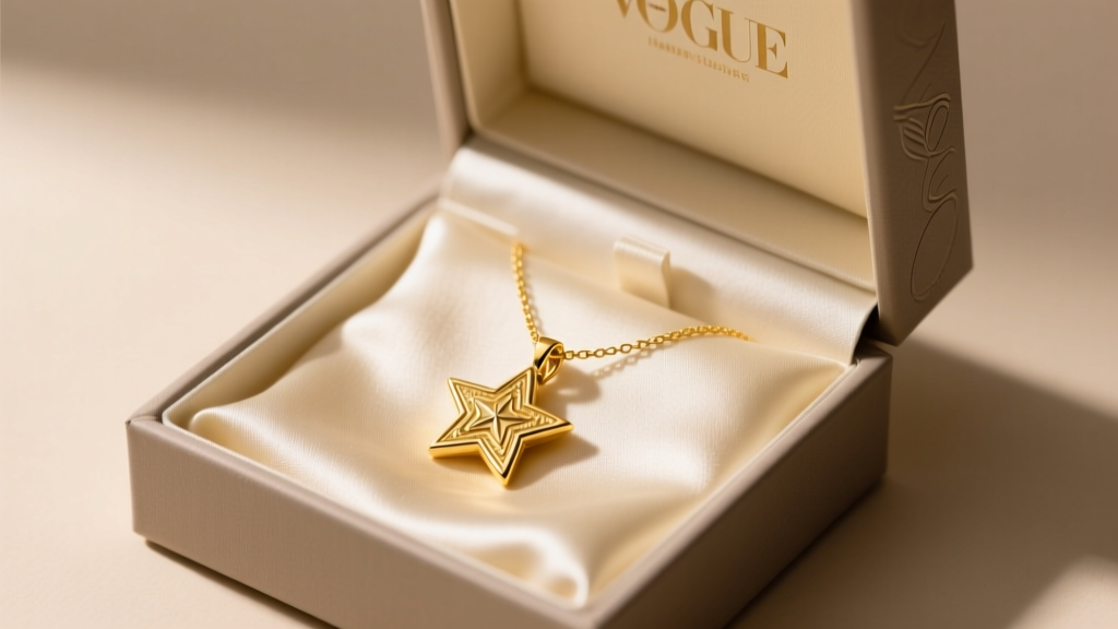 Elegant gift box opened to reveal a delicate 14k yellow gold star pendant necklace resting on cream silk, soft warm lighting