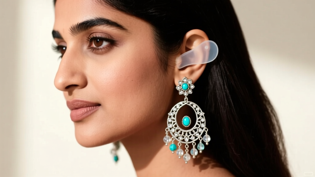 Woman wearing heavy Kashmiri chandelier earrings, showing a clear silicone ear support patch hidden behind the earlobe.