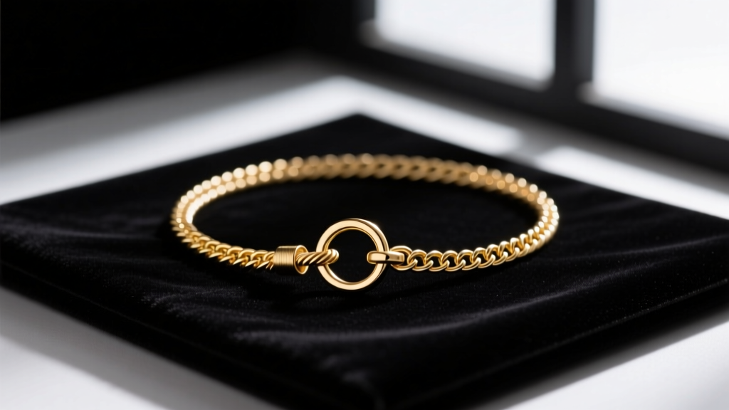 1mm gold cable chain attached to a 5mm spring ring clasp, showing the seamless connection and proper sizing on a dark velvet pad