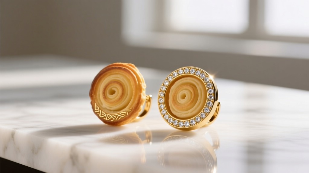 Close-up of gold vermeil ensaymada earrings on marble, revealing coiled pastry texture and zirconia sugar crystals in warm light.