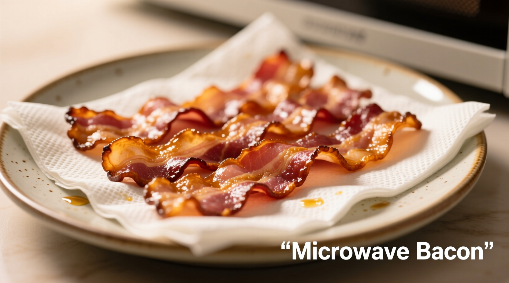 Bacon strips arranged between paper towels on microwave-safe plate