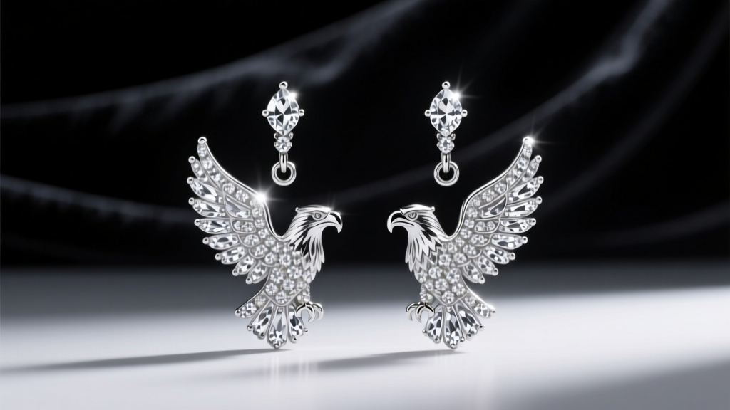 Silver eagle motif drop earrings with pavé crystals on dark velvet, illuminated by soft, directional studio lighting