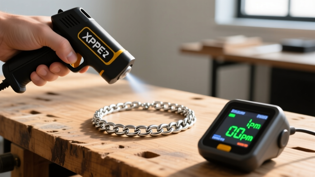 A handheld XRF analyzer gun scanning a silver-colored chain necklace on a wooden workbench, displaying digital ppm readings.