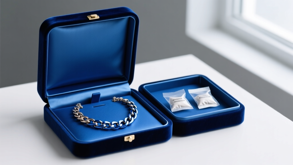 Velvet box displaying a blue PVD chain necklace stored in a separate lined compartment next to anti-tarnish silica gel packets.