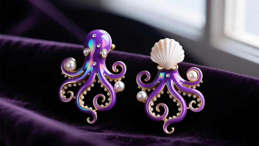 Close-up of Ursula-inspired tentacle and shell earrings on dark velvet, highlighting purple enamel and pearl details