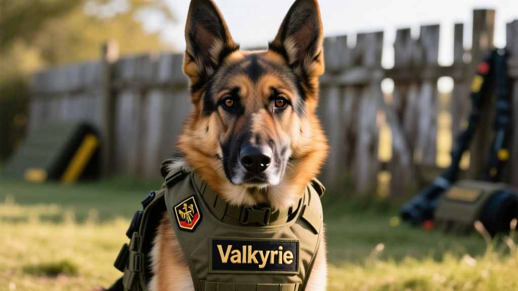 Close-up of a FurPetVo tactical dog vest with embroidered insignia, worn by a focused German Shepherd