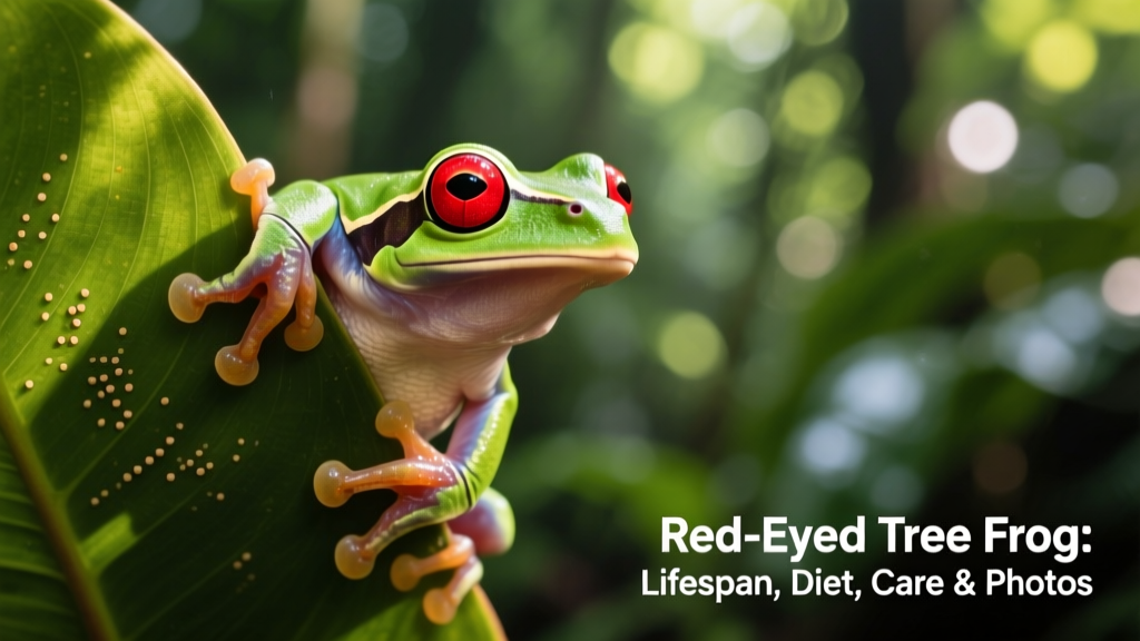 A close-up portrait of a red-eyed tree frog clinging to a broad leaf, showing vivid red eyes and bright green skin