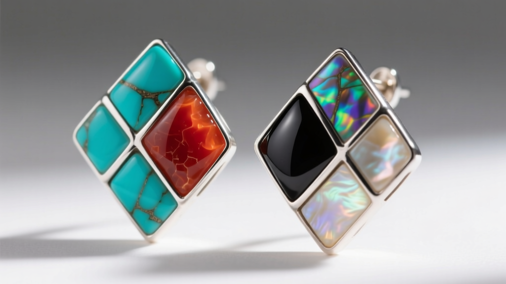 Macro shot of Zuni channel inlay earrings with turquoise, coral, jet, and mother of pearl separated by thin sterling silver walls.
