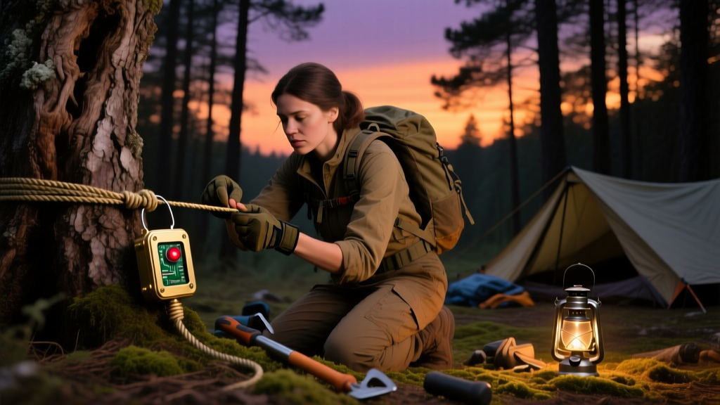 Solo female camper setting up a paracord tripwire connected to a DIY magnetic alarm around a wooded campsite at dusk.