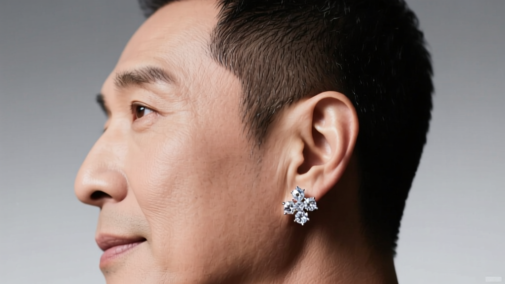 Side profile of a man with a short fade haircut showcasing a diamond cluster stud earring perfectly centered on the earlobe