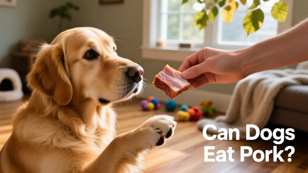 A golden retriever gently receiving a small piece of plain, cooked pork loin from a hand