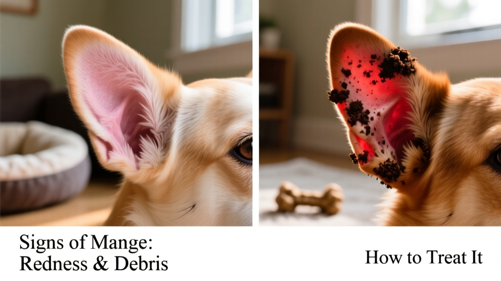 Side-by-side comparison showing healthy dog ear vs. ear with otodectic mange, highlighting dark debris and redness