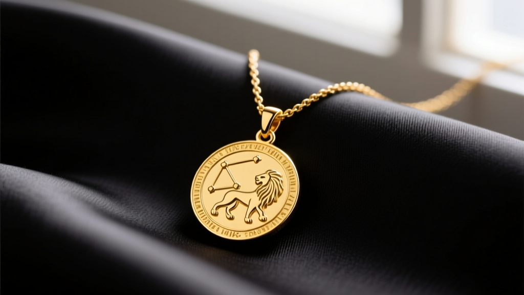 Close-up of a solid 14k yellow gold horoscope sign necklace with a detailed Leo constellation pendant resting on dark silk fabric.