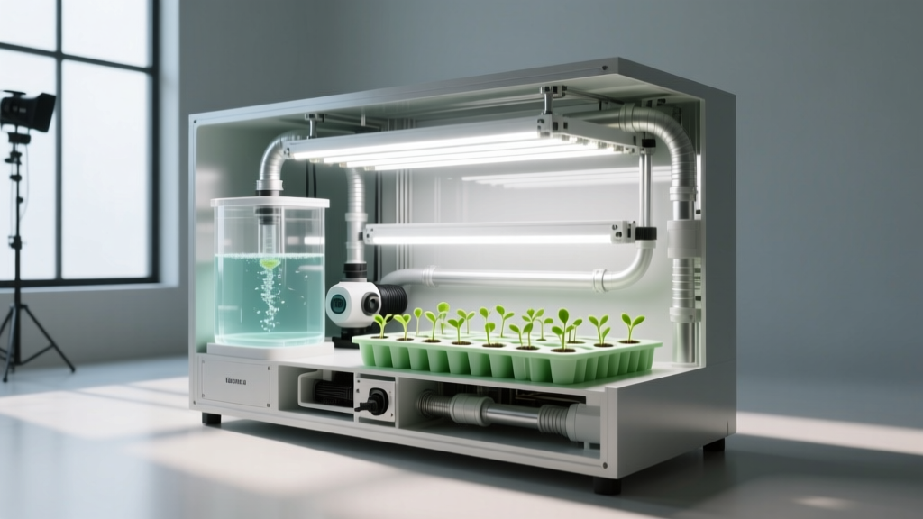 Cutaway diagram of an automated hydroponic grow light system showing LED array, water reservoir, pump, and seed pod tray