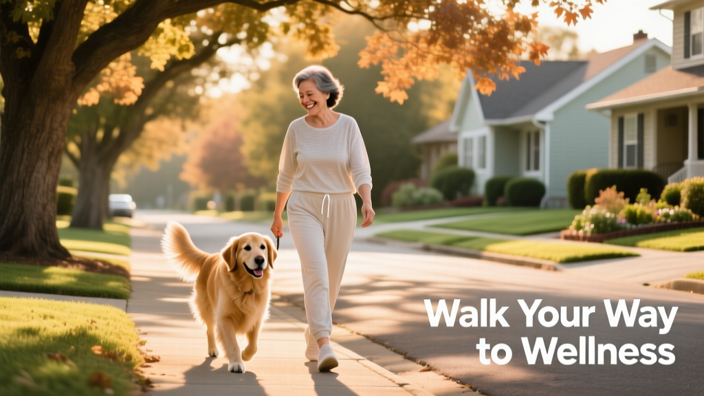 A person walking their dog along a tree-lined neighborhood street, both relaxed and enjoying the stroll