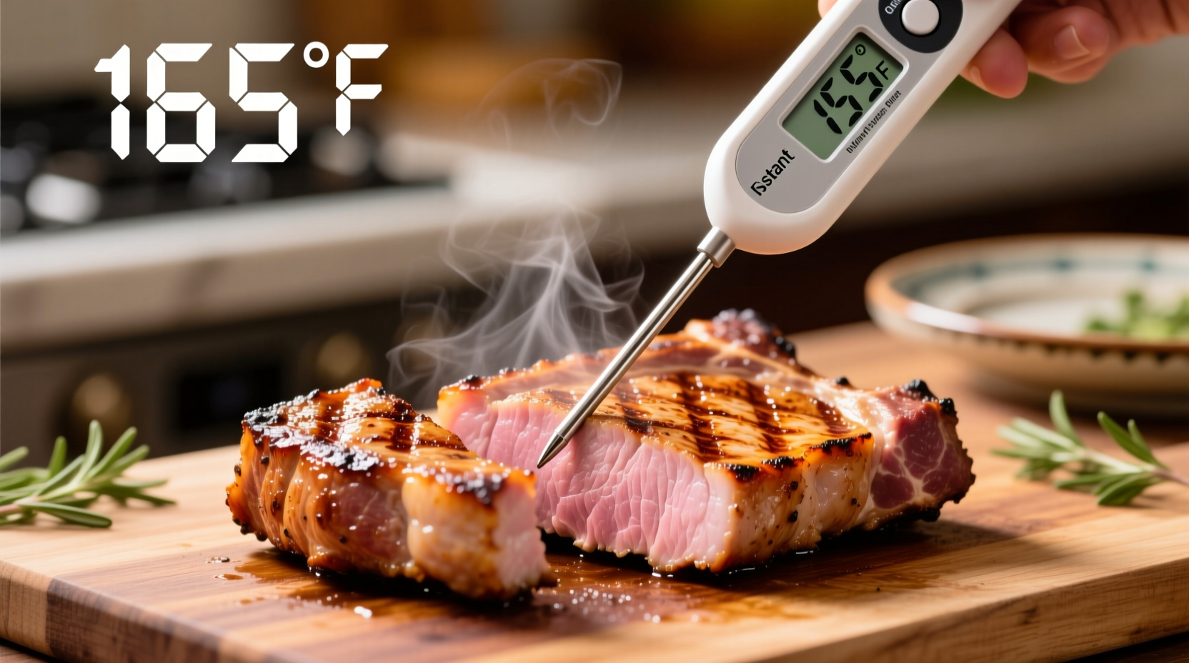 Instant-read thermometer measuring pork chop temperature
