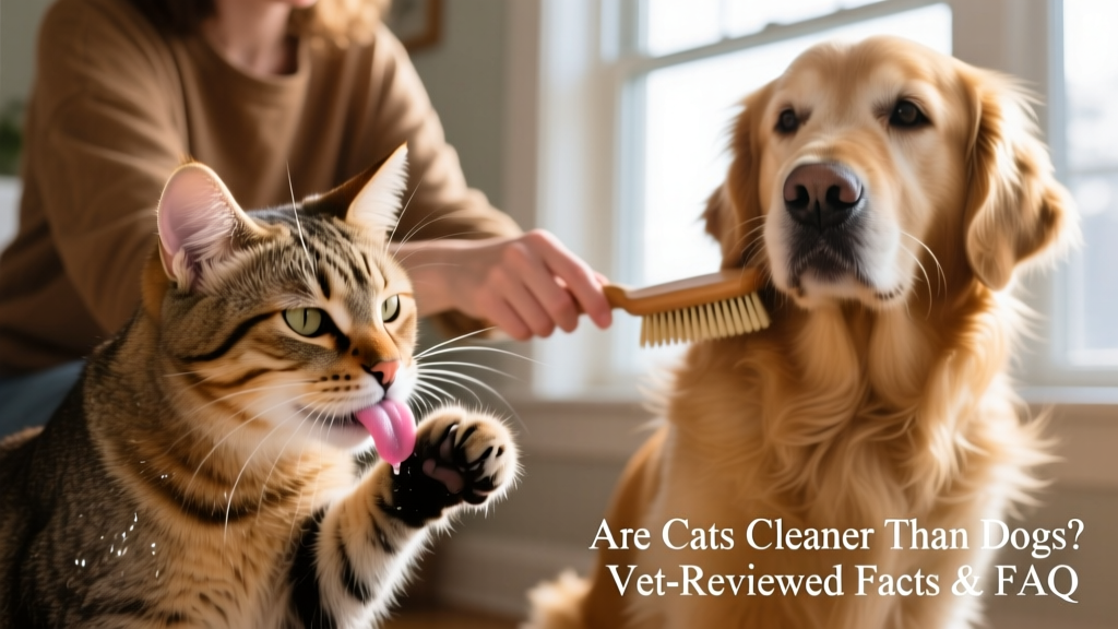 Close-up of a cat’s tongue grooming its paw, and a person gently brushing a golden retriever’s coat
