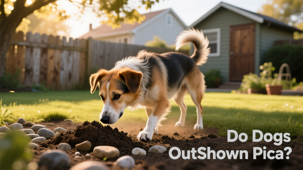 A curious dog sniffing at a pile of dirt and small stones in a backyard