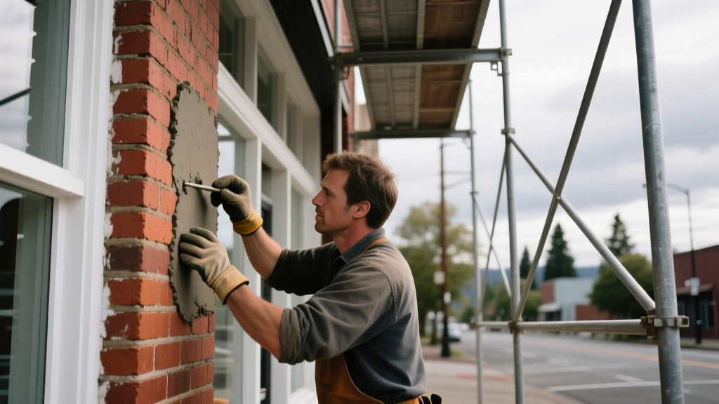 Mason tuckpointing a red clay brick storefront facade in Beaverton Oregon on a cloudy Pacific Northwest day with scaffolding