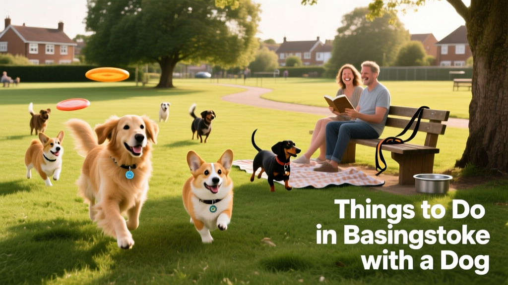 A lively, grassy dog park in Basingstoke with dogs playing and people relaxing nearby