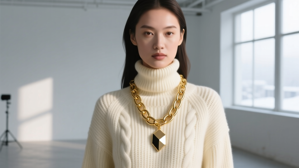 Model in cream cable-knit turtleneck wearing a heavy 22-inch 14k gold paperclip chain and geometric pendant in soft winter light.